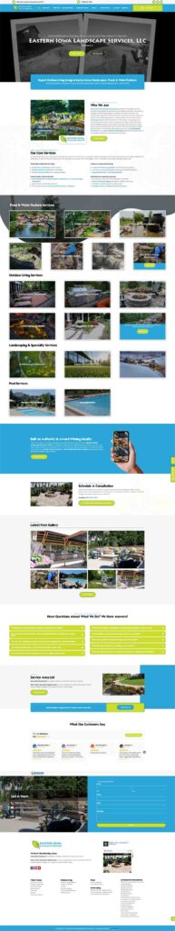 Homepage mockup for Eastern Iowa Landscape Services: hero banner, blue navigation bar, and service highlights.