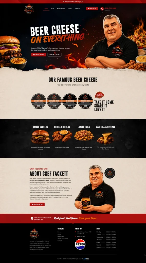 Hero banner showing Chef Tackett with flames, advertising 'Beer Cheese on Everything' and buttons: Order Online and Contact Us, left side burger and sauce.