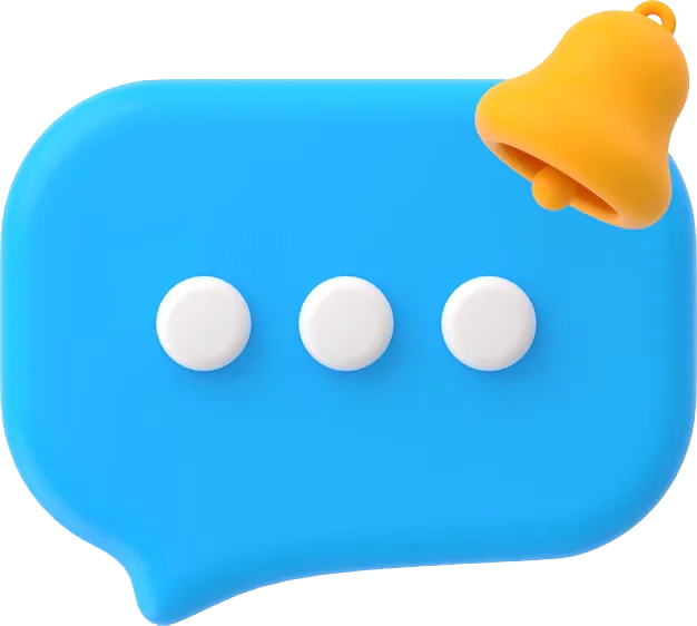 3d-icon-blue-speech-bubble-with-bell_107791-16815 | AD-IOS Web Development | AD-IOS Web Development Blue chat bubble with three white dots and a yellow notification bell indicating a new message.",