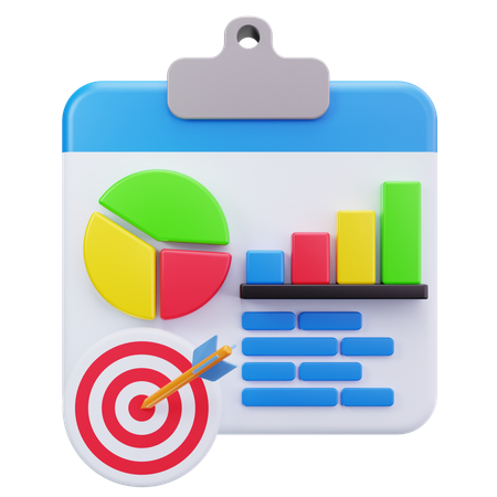 business-reporting-3d-icon-png-download-14262328 | AD-IOS Web Development | AD-IOS Web Development Clipboard-style infographic showing a colorful pie chart, multi-colored bar chart, blue text blocks, and a red target with an arrow for goals.