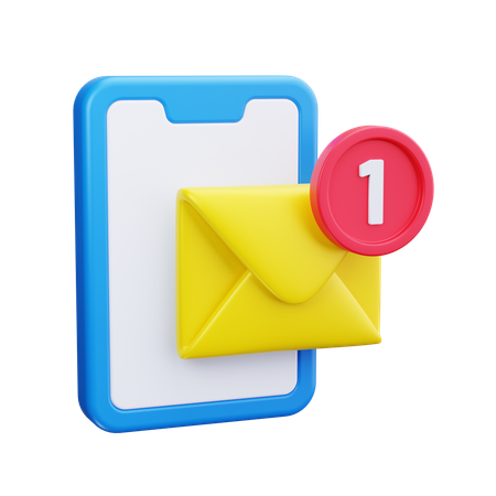 sms-3d-icon-png-download-12086893 | AD-IOS Web Development | AD-IOS Web Development Blue-framed smartphone with a yellow envelope icon and a red '1' notification badge indicating one new message.