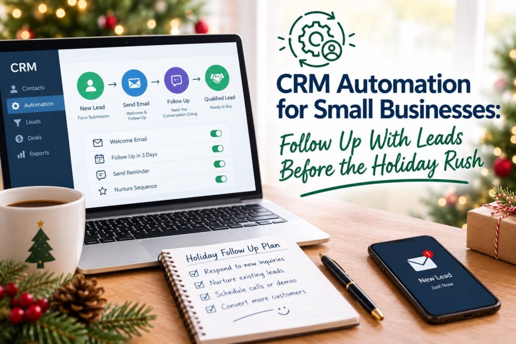 Festive CRM Automation Workspace | AD-IOS Web Development | AD-IOS Web Development CRM automation for small businesses showing a new inquiry workflow