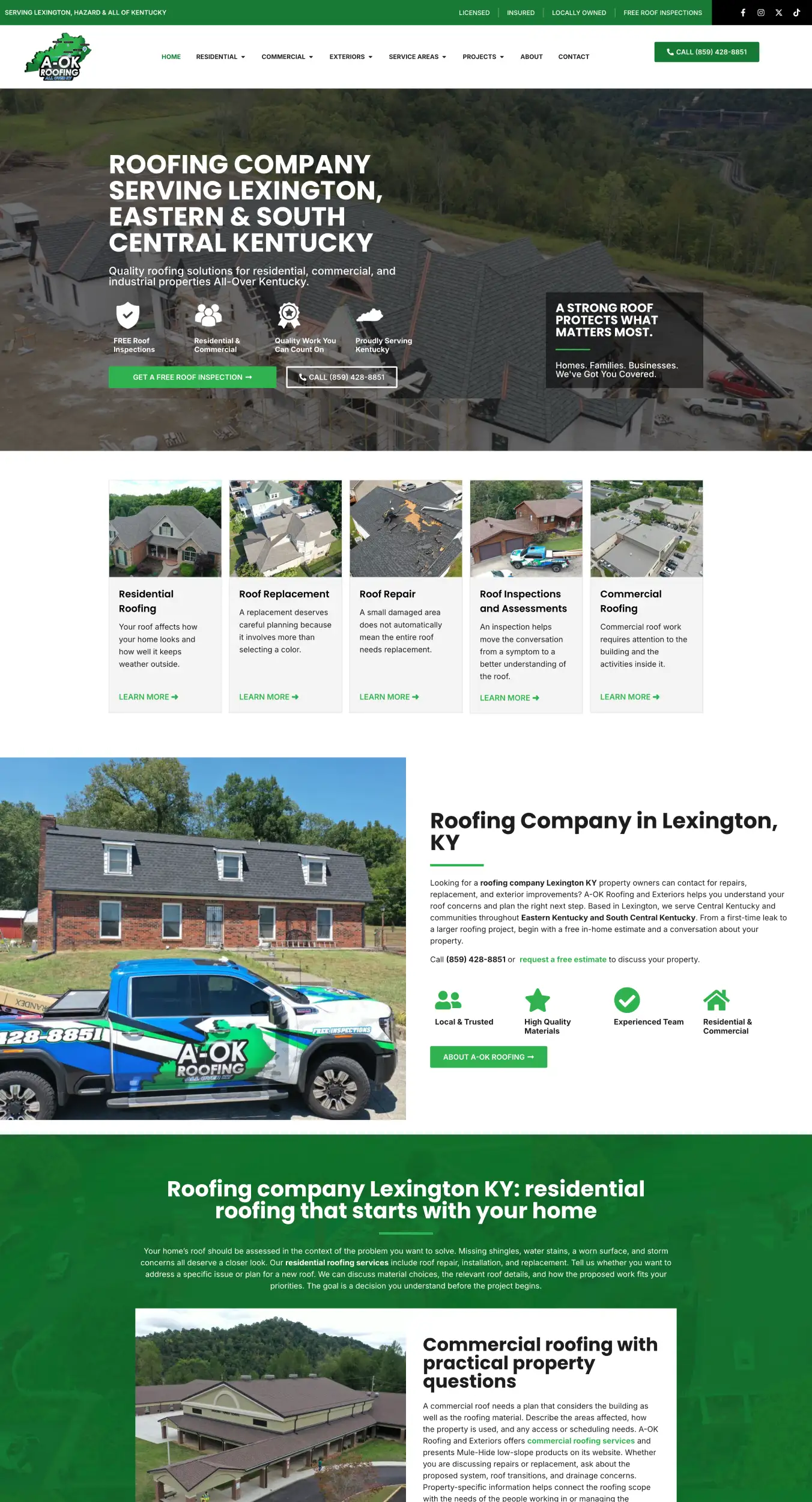 Roofing company homepage hero: aerial view of a construction site with a large white headline about serving Lexington and Kentucky, plus nav bar and contact button.