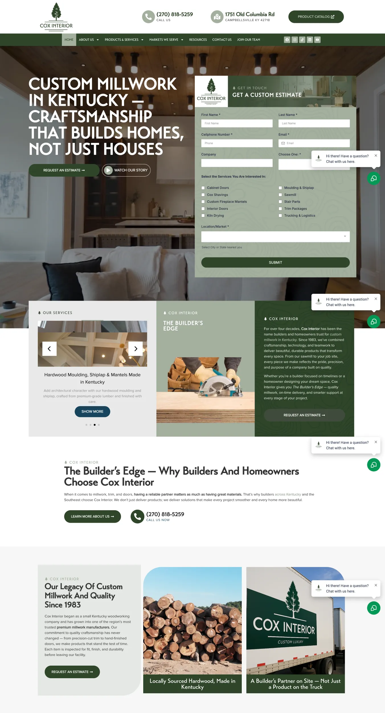Cox Interior homepage hero with bold headline over a living room backdrop and a green contact form panel for estimates.