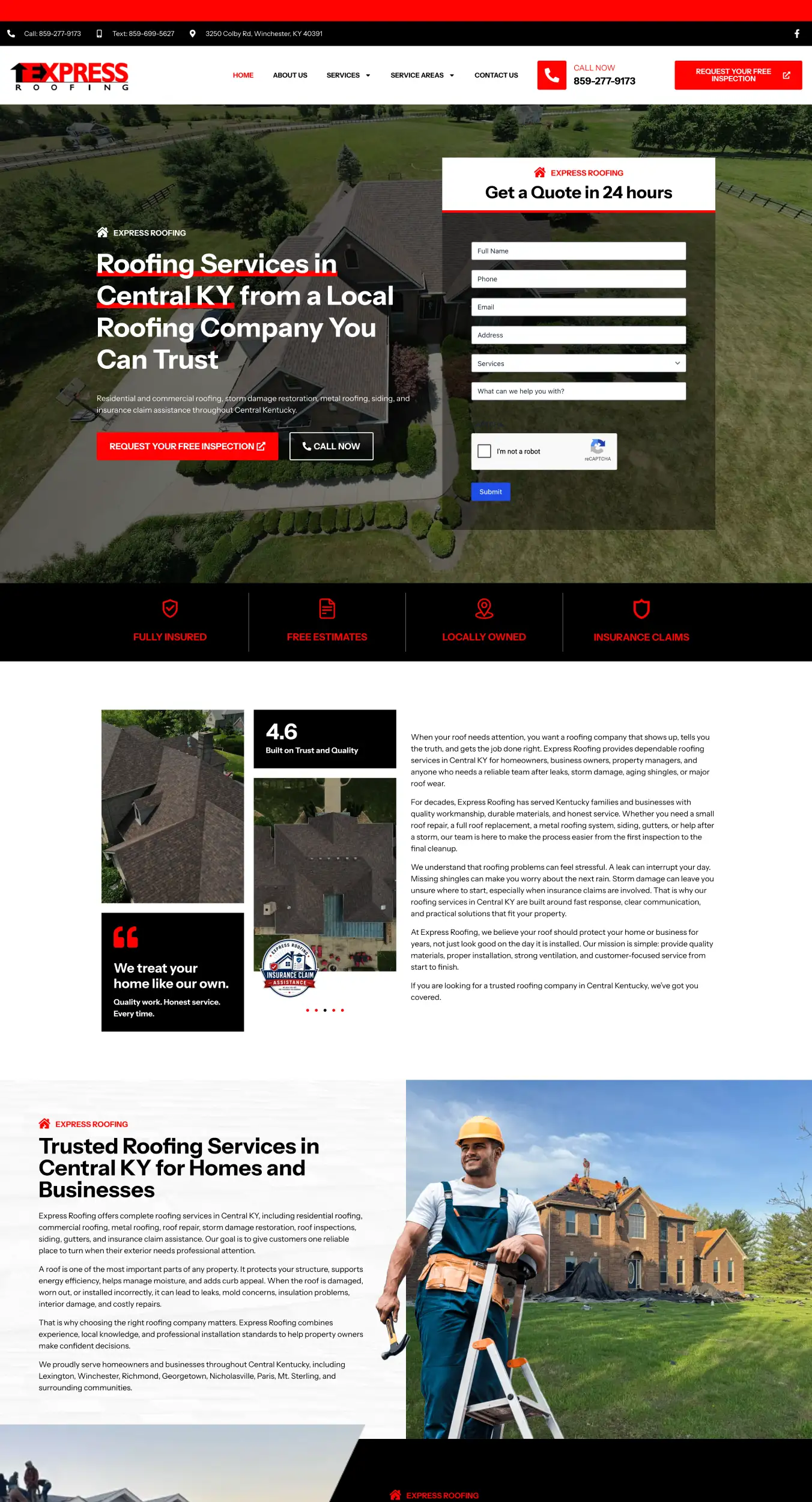 Aerial view of a large house with a dark overlay form titled Get a Quote in 24 hours on a roofing company homepage.