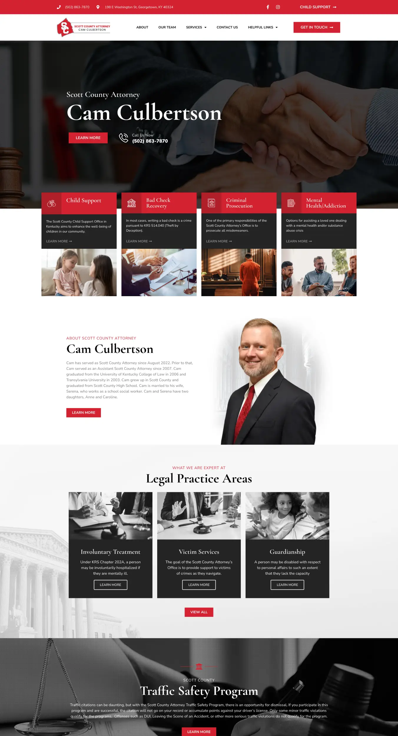 Hero banner of a man and a colleague shaking hands, introducing Cam Culbertson, Scott County Attorney; red 'Learn More' button and contact info visible above the fold.”,