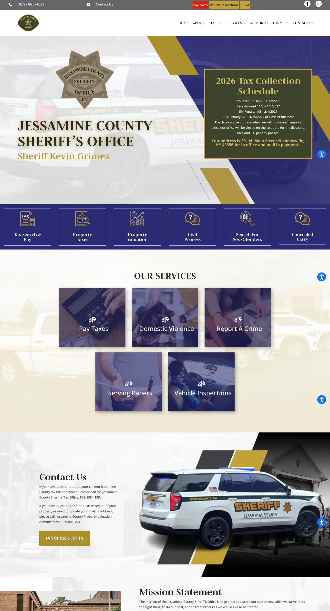 Hero image showing Jessamine County Sheriff's Office branding with a large 2026 Tax Collection Schedule card on the right.