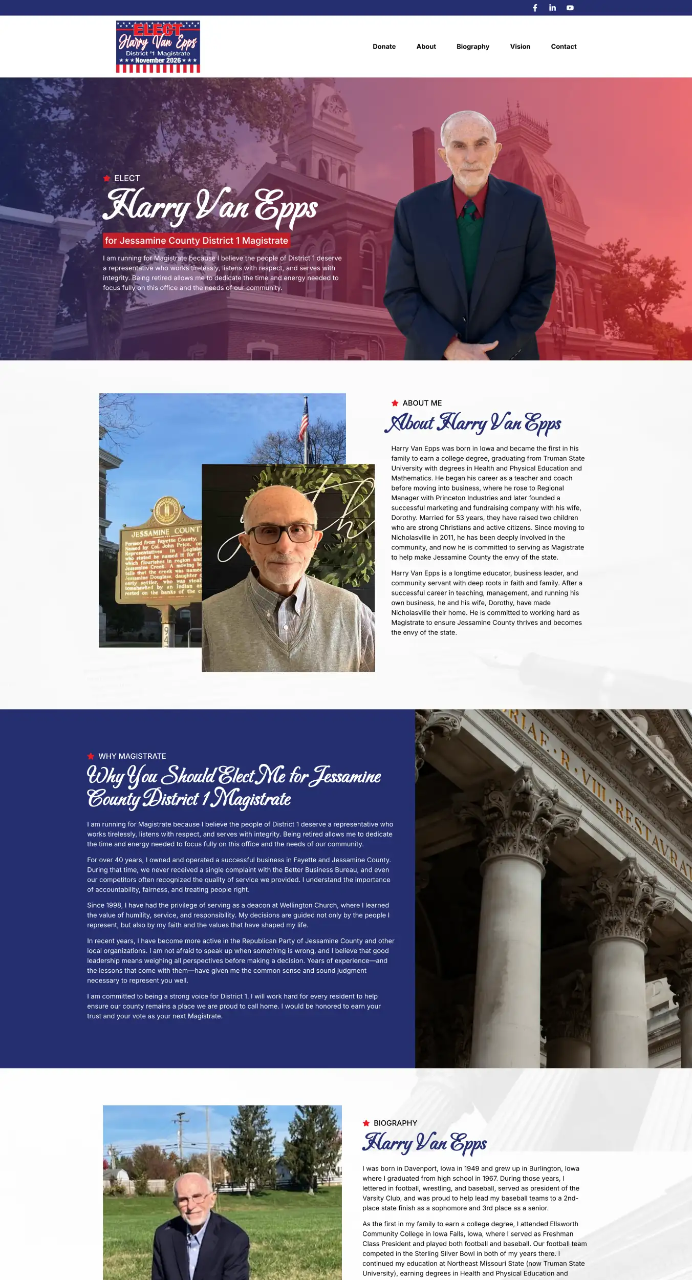 Campaign hero: Harry Van Epps standing before a courthouse with 'Elect Harry Van Epps for Jessamine County District 1 Magistrate' text overlay.