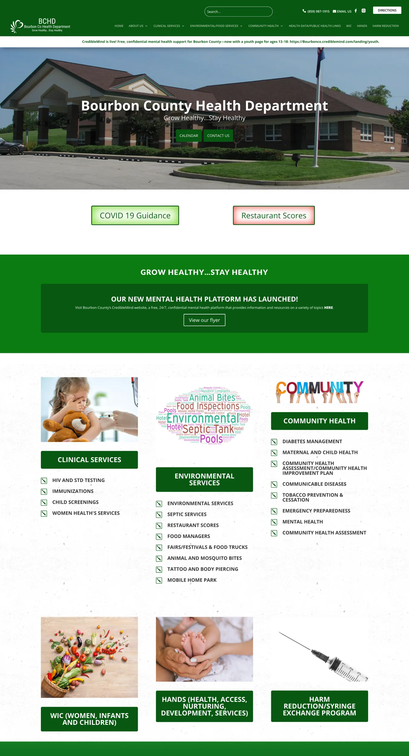 Hero banner for Bourbon County Health Department homepage showing a brick building with two green action buttons: COVID 19 Guidance and Restaurant Scores.