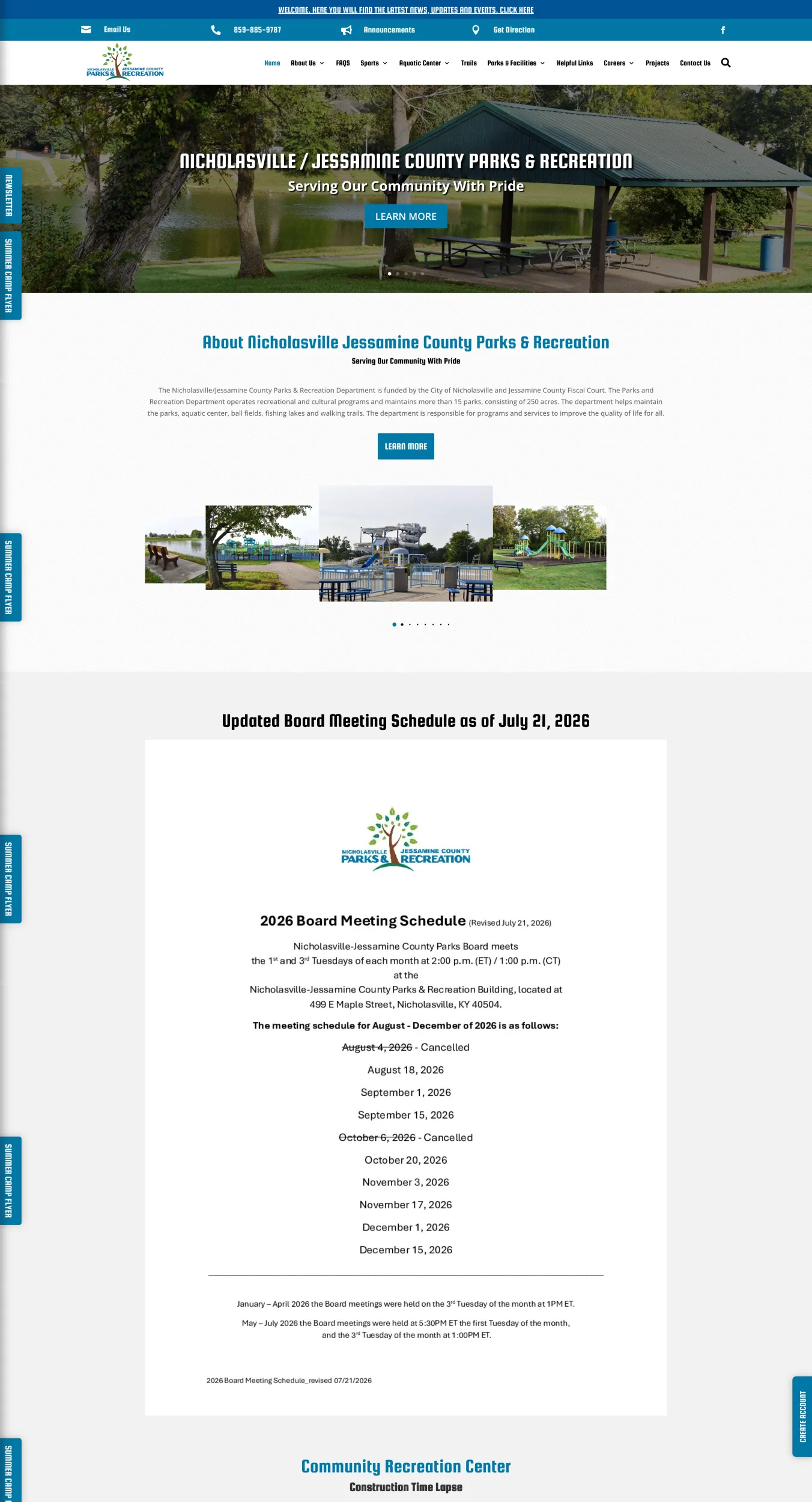 Nicholasville/Jessamine County Parks & Recreation homepage with hero banner and an Updated Board Meeting Schedule document posted below.