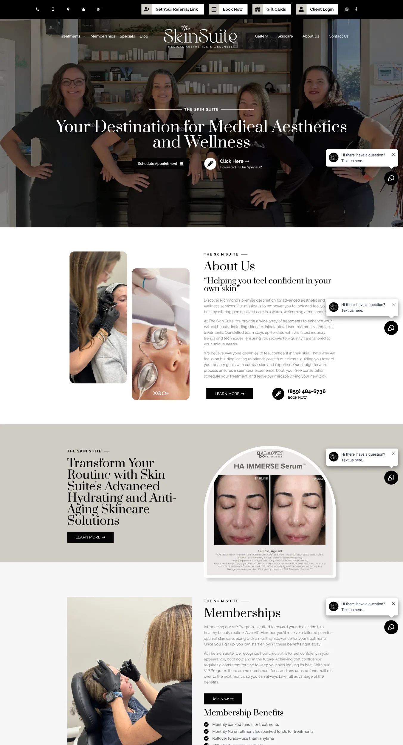 Hero image of four clinicians in black scrubs standing in a treatment room for The Skin Suite, conveying a welcoming medical aesthetics team and brand message 'Your Destination for Medical Aesthetics and Wellness'.
