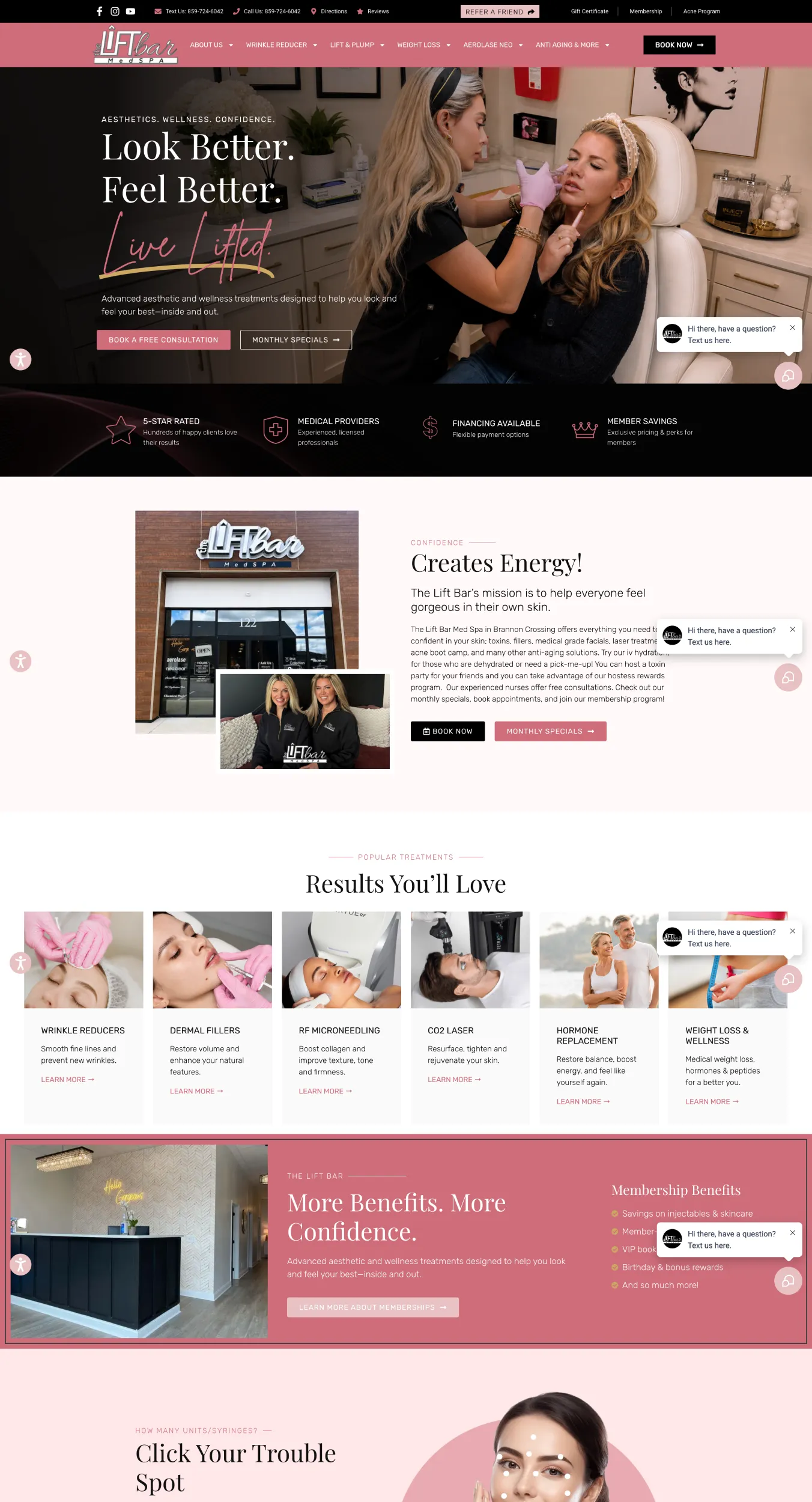 Med spa treatment scene: a clinician applies a facial to a client in a bright, modern clinic with pink accents and equipment nearby to convey their services.