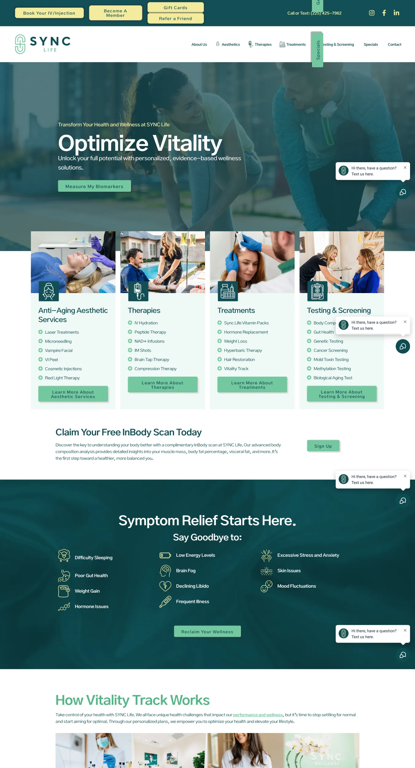 Home page hero featuring a couple exercising with the headline 'Optimize Vitality' and four service cards: Anti-Aging Aesthetic Services, Therapies, Treatments, Testing & Screening (Sync Life)