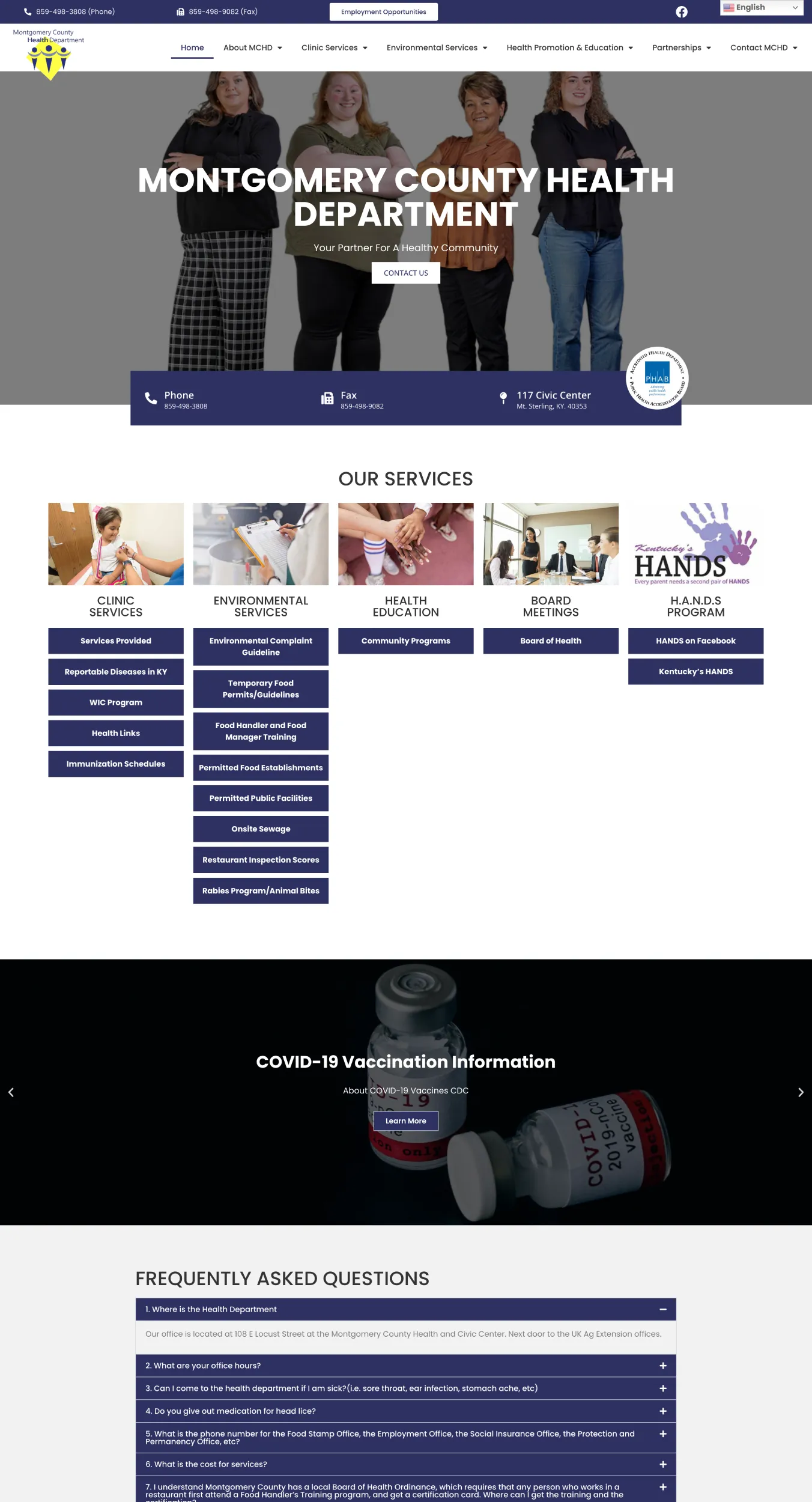 Hero banner for Montgomery County Health Department showing four staff members with a bold title and a 'Contact Us' button in front of a gray backdrop.