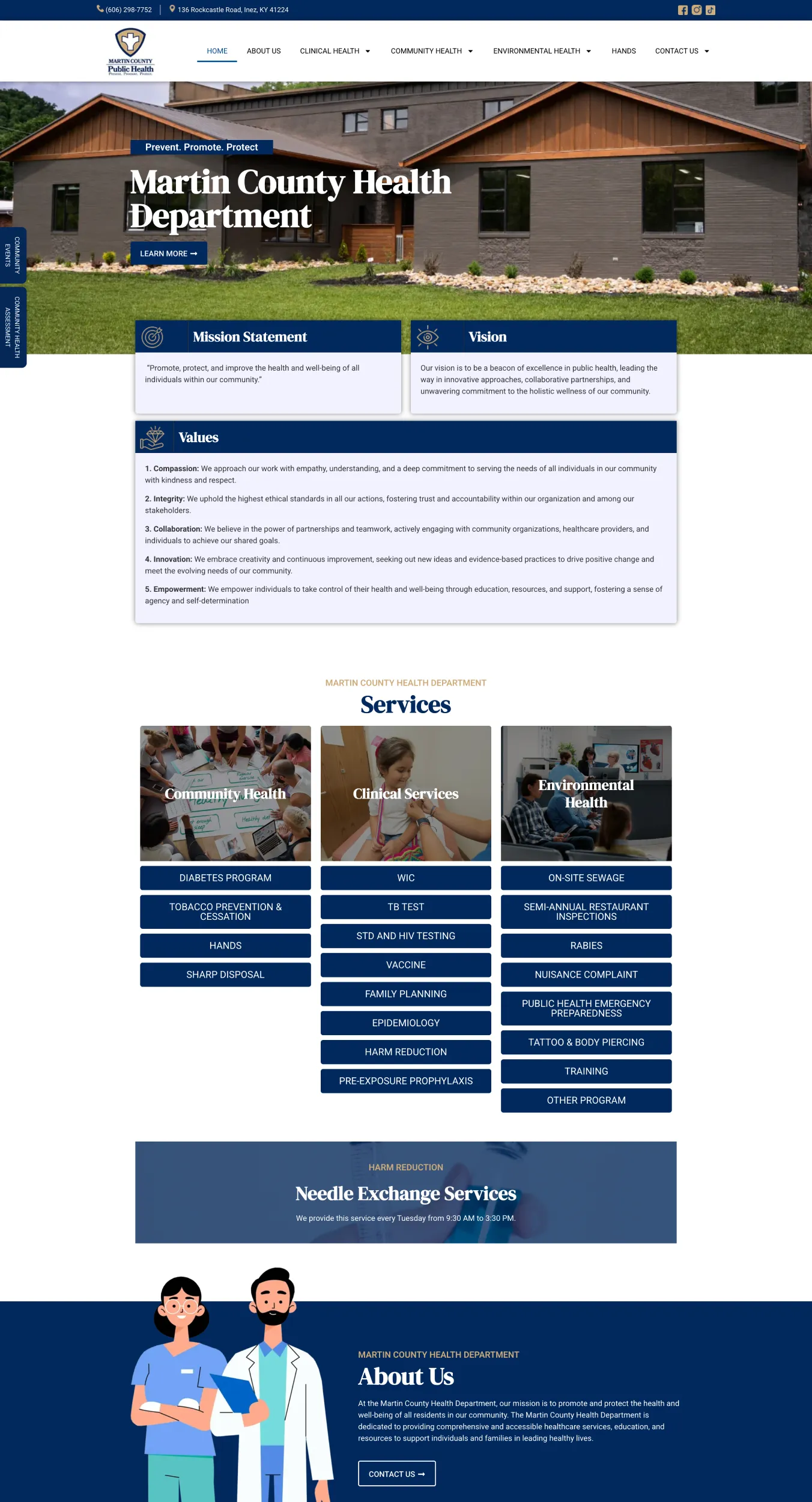Martin County Health Department homepage hero: photo of a modern building with navigation bar above, plus Mission, Vision, Values sections below.