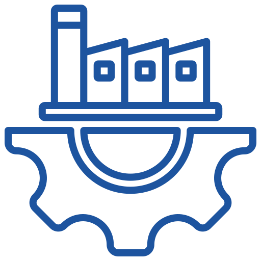 Blue line icon of a factory sitting on a gear, representing manufacturing and industry