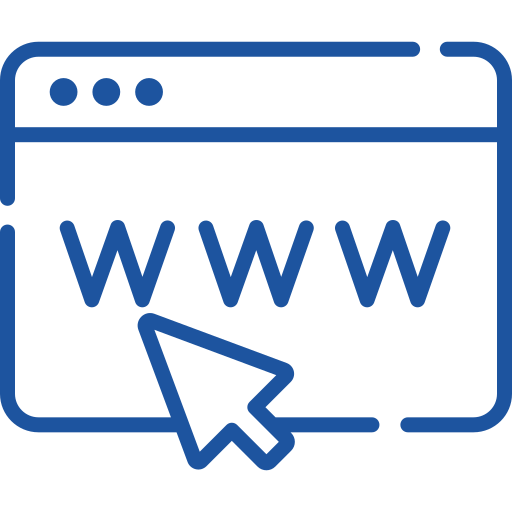 Icon of a web browser window with a large'WWW' in the content area and a pointer cursor, indicating visiting a website.
