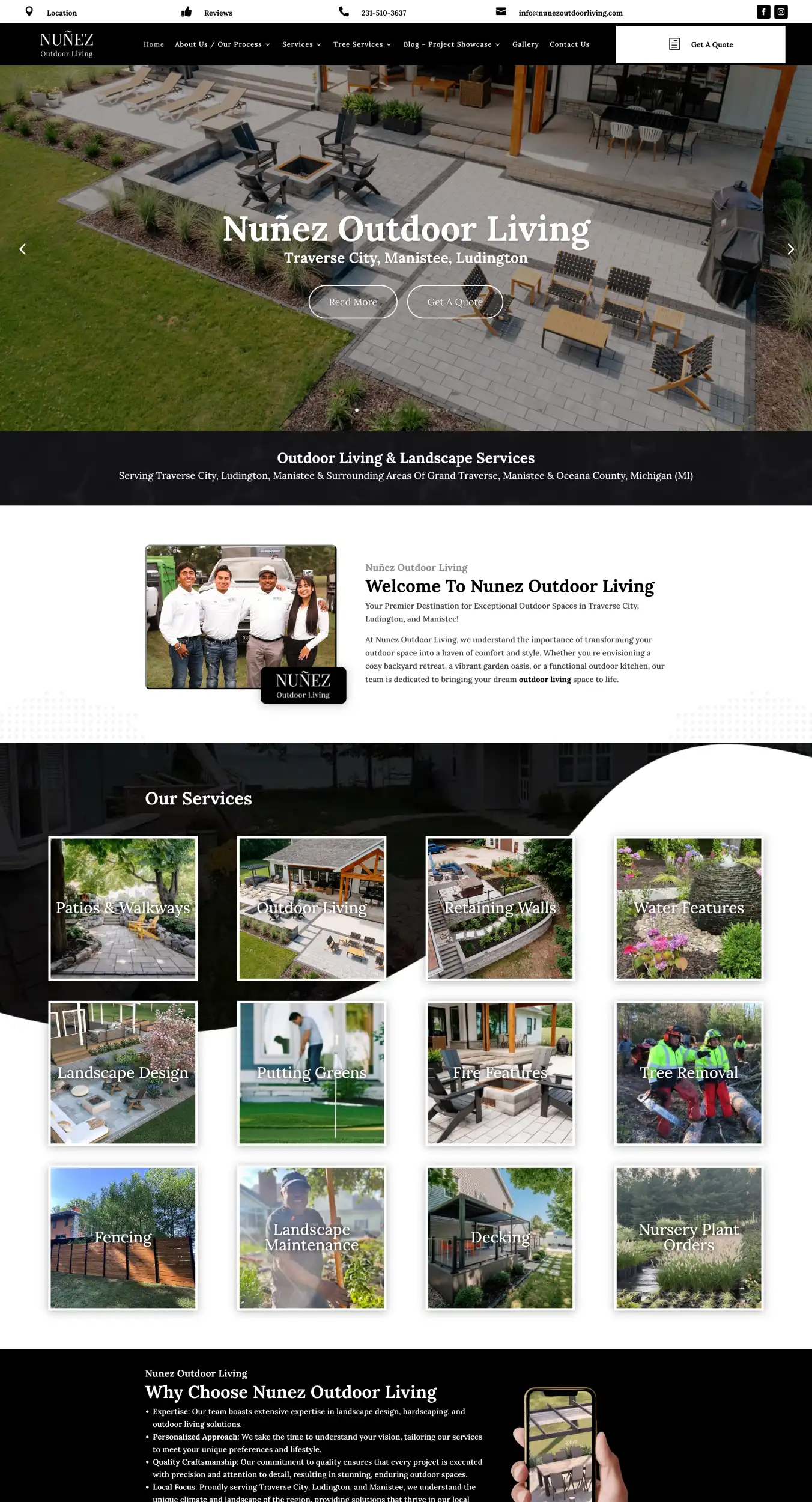 Hero banner: aerial view of a modern backyard patio with lounge chairs, a fire pit, and paved seating area; overlay text reads 'Nuñez Outdoor Living' with the location Traverse City, Manistee, Ludington.