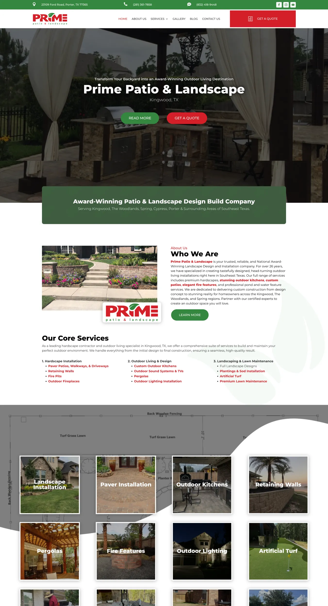 Hero banner: outdoor kitchen and patio with curtains, promoting Prime Patio & Landscape in Kingwood, TX with Read More and Get a Quote buttons