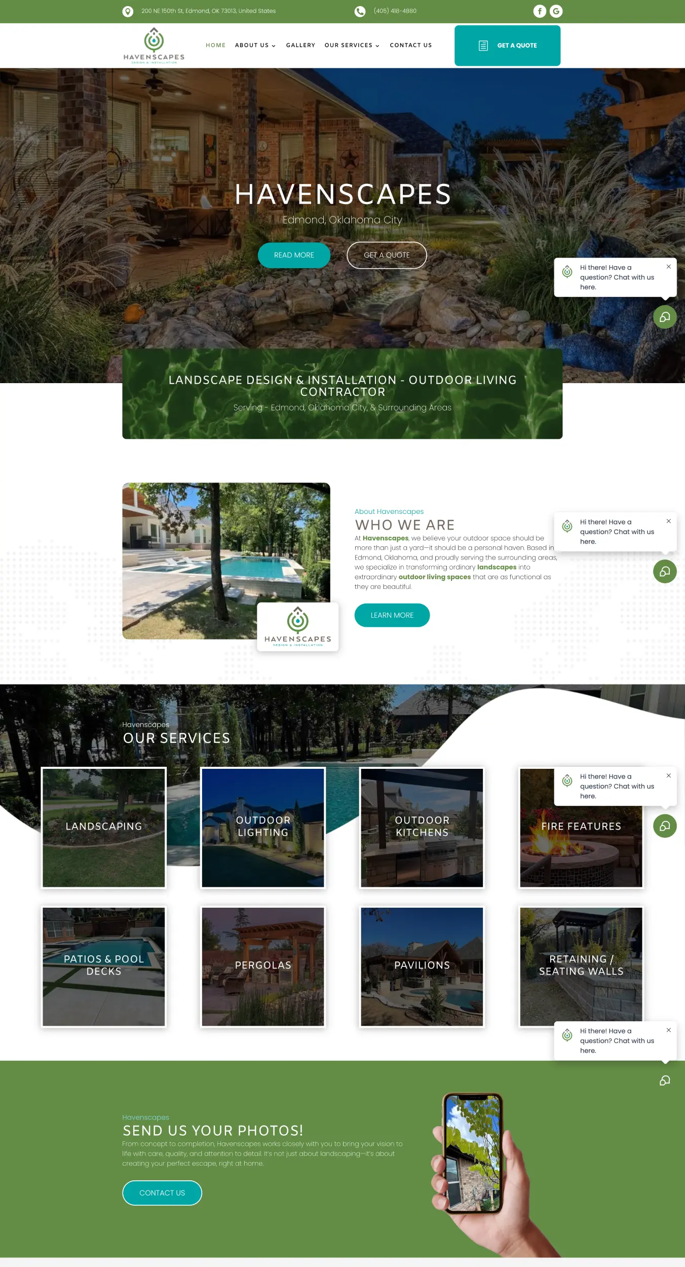 Havenscapes homepage hero: twilight backyard with two CTA buttons ‘Read More’ and ‘Get a Quote’ and the navigation bar above.