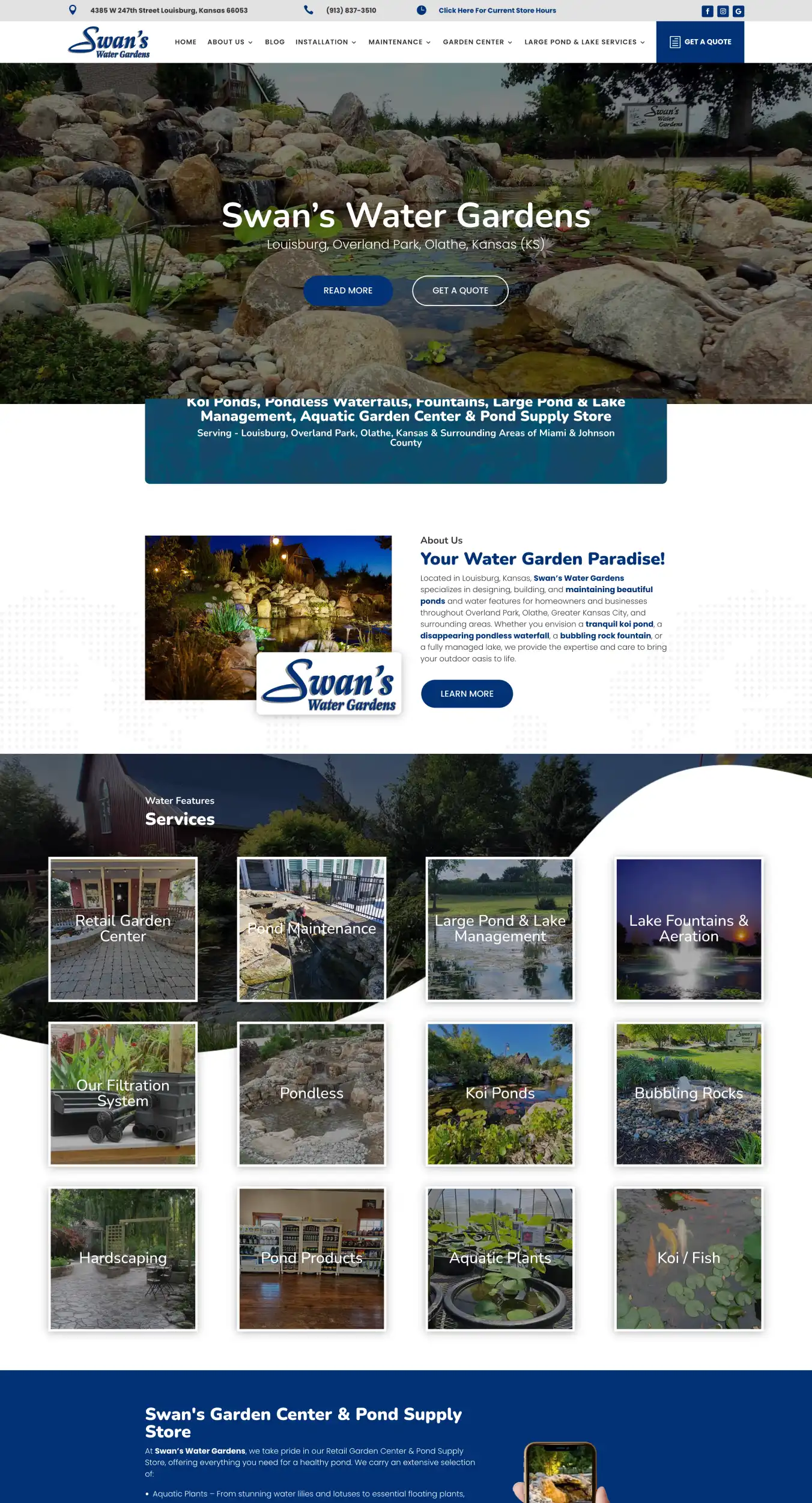 Hero banner showing a pond and rock garden at Swan's Water Gardens with two CTA buttons 'Read More' and 'Get a Quote' and the title 'Swan's Water Gardens'