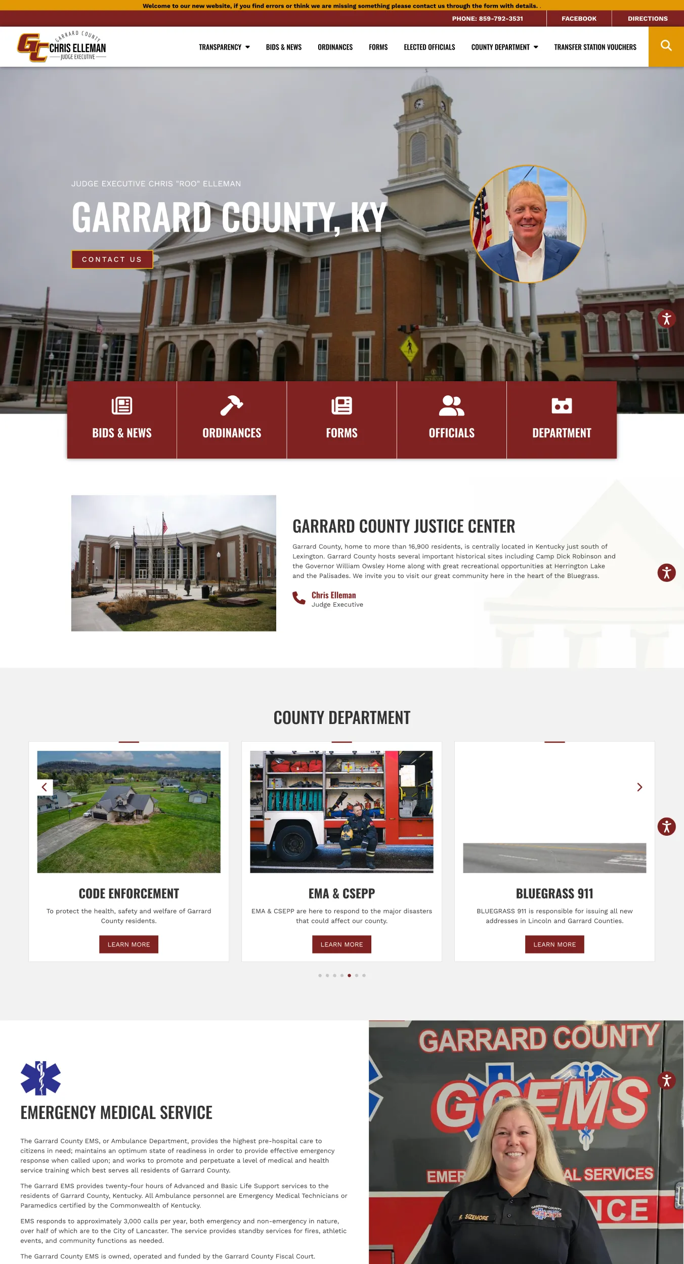 Hero image for Garrard County, KY government site: courthouse building with a round portrait of the judge and a red 'Contact Us' button in the foreground.