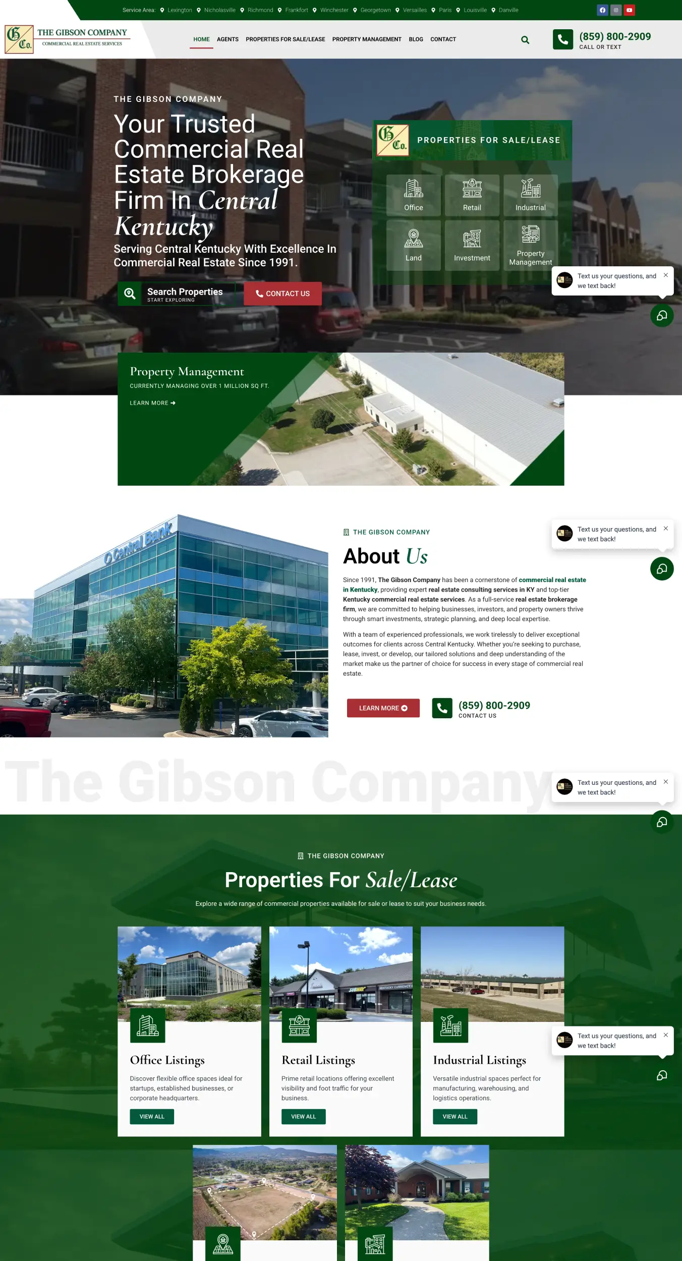 Homepage hero: The Gibson Company branding with large headline about trusted commercial real estate brokerage in Central Kentucky and contact/search controls over a building backdrop.