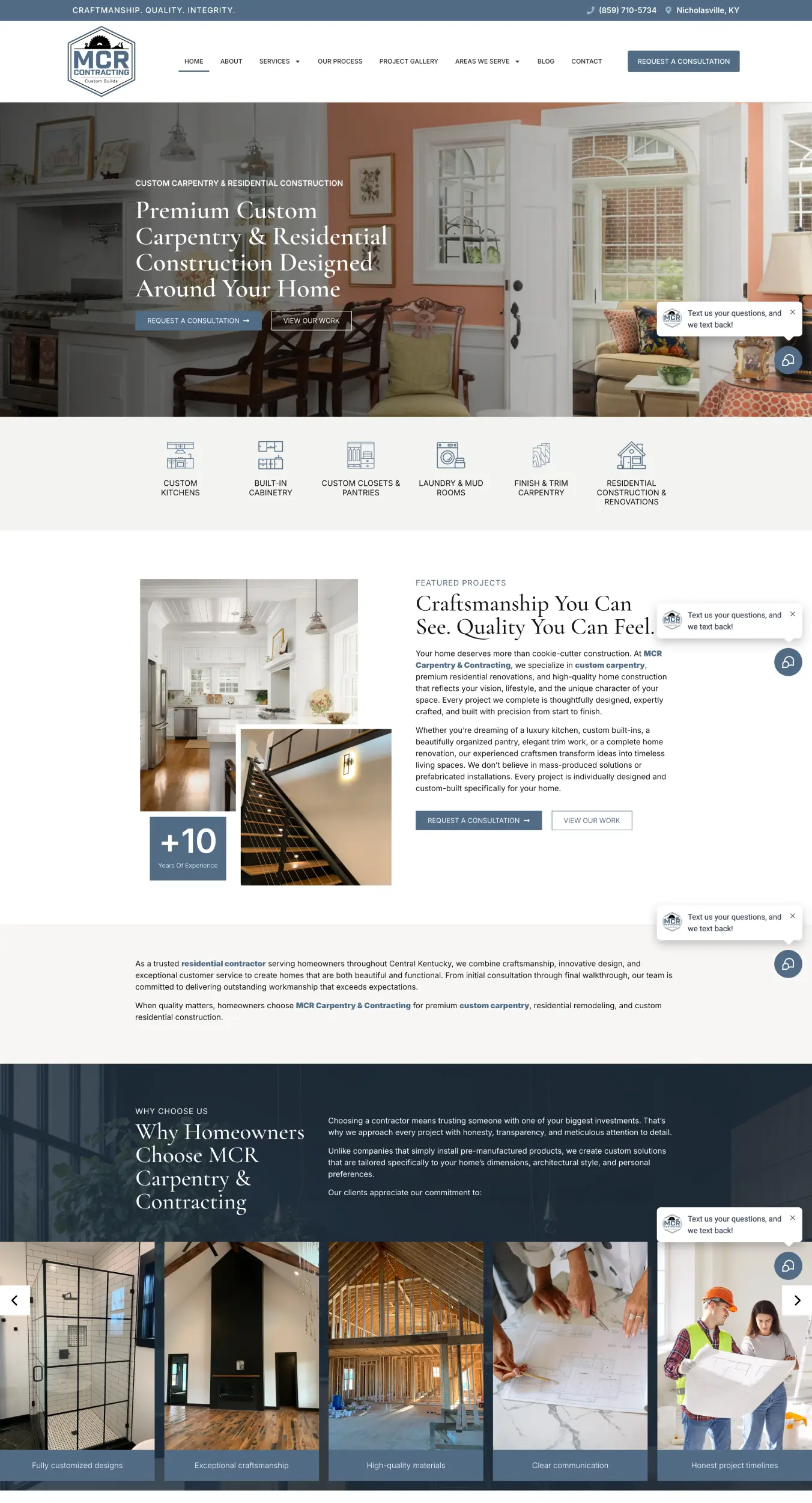 Homepage hero for MCR Contracting with a bright kitchen image, large headline about premium custom carpentry and residential construction, and CTA buttons.