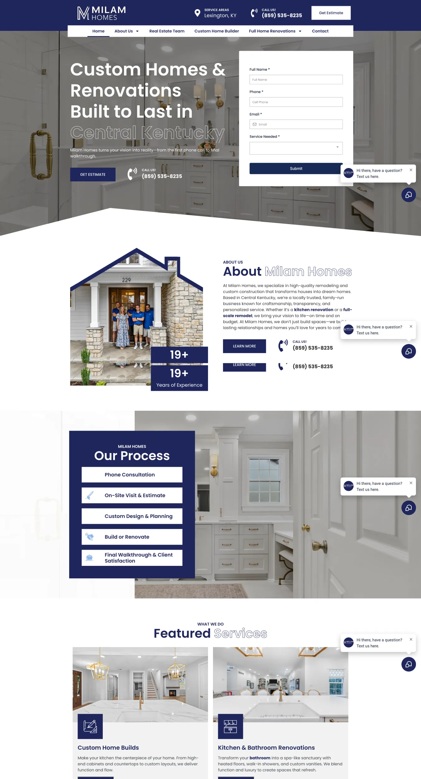 Milam Homes homepage hero with bold headline about custom homes and a white estimate form overlay on the right side.