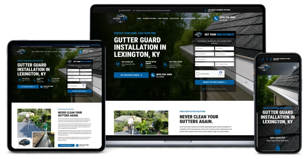 Responsive banner showing a gutter guard installation service in Lexington, KY across desktop, tablet, and mobile devices.